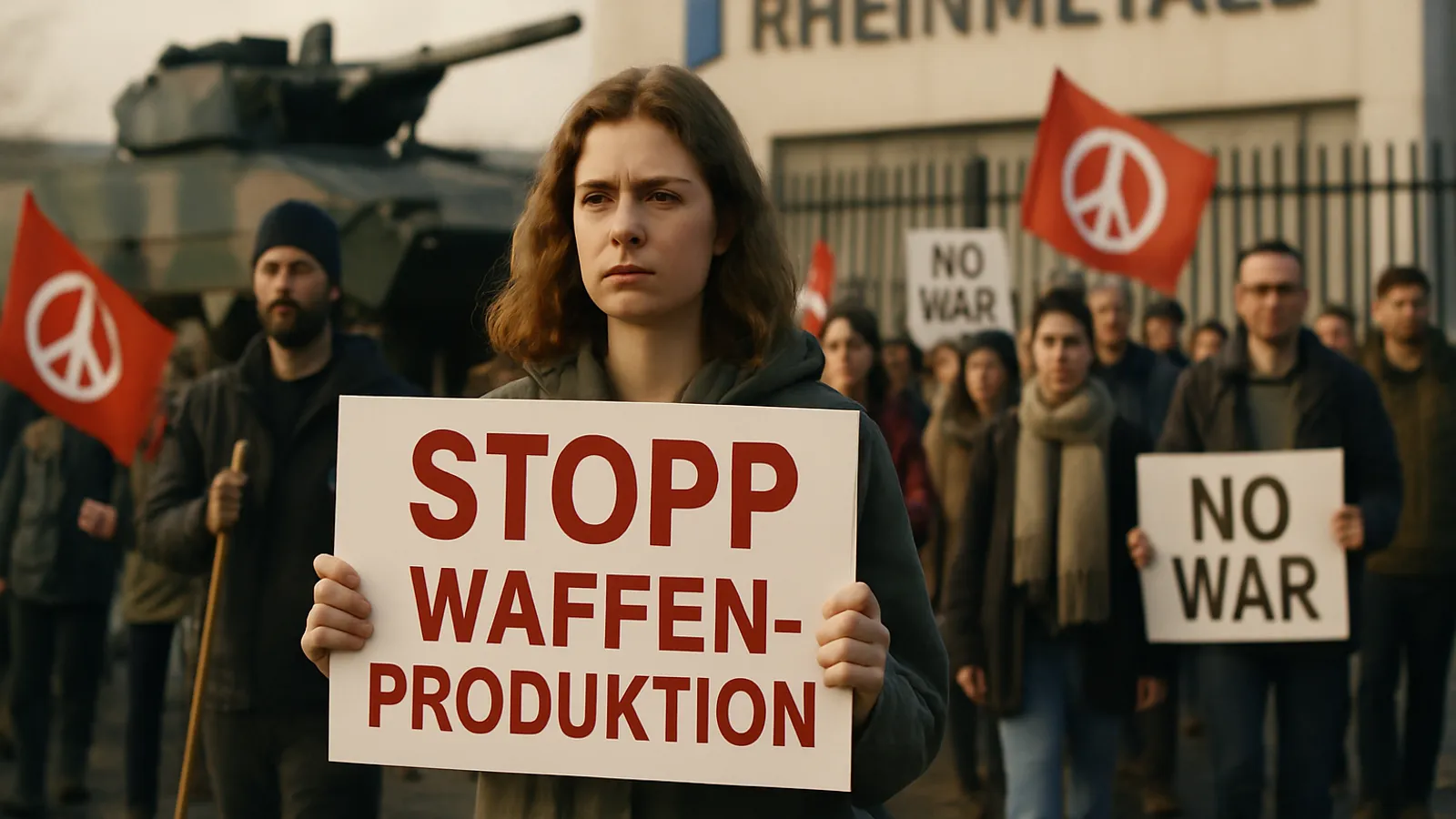 1.800 Menschen demonstrieren gegen die Waffenproduktion von Rheinmetall.