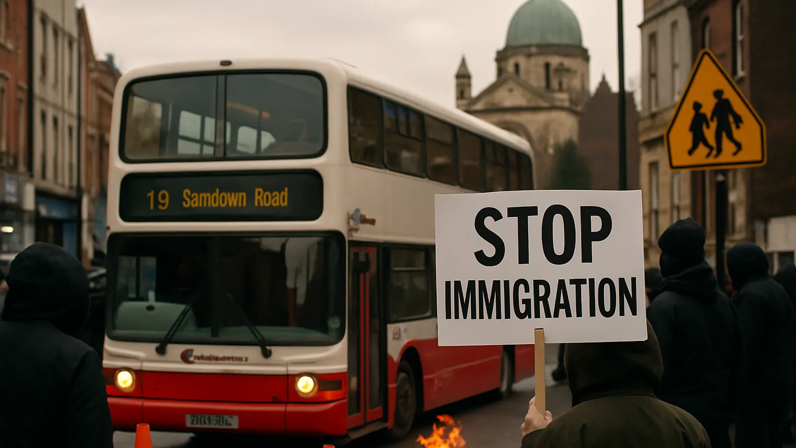 Ausländerfeindliche Proteste legen Nahverkehr in Belfast lahm, Schulen schließen.