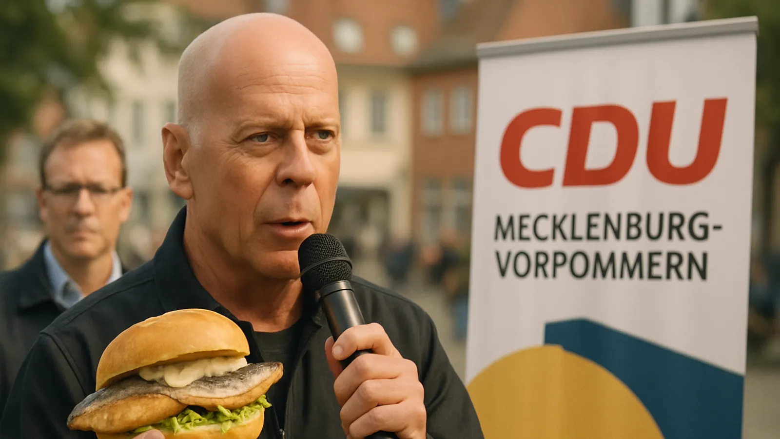 Die CDU Mecklenburg-Vorpommern wirbt mit einem Fischbrötchen und der deutschen Synchronstimme von Bruce Willis.