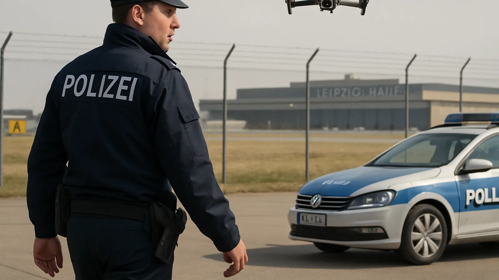 Polizei durchsucht die Nordpiste des Flughafens Leipzig/Halle nach einer möglichen zweiten Drohne.