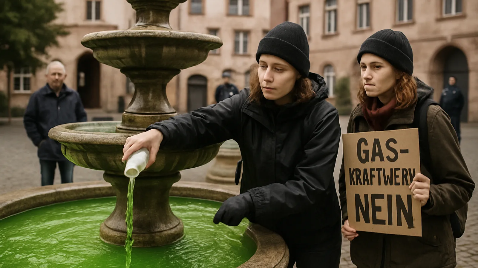 Activists dyed the water of two fountains in Mainz green to protest a new gas-fired power plant.