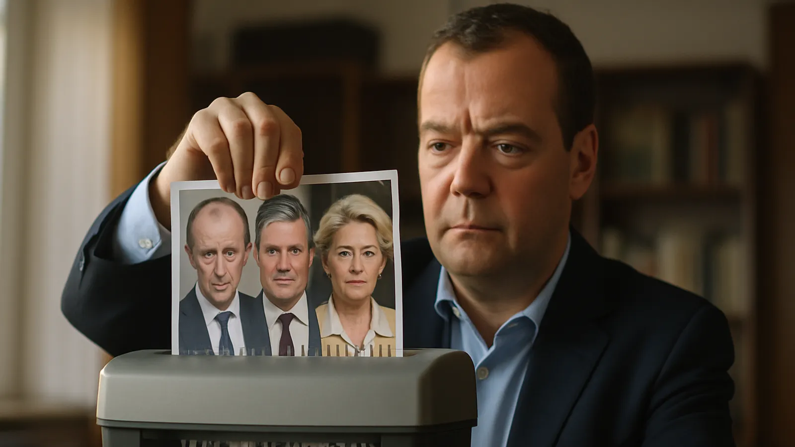 Medwedjew lässt Foto von Merz, Starmer und von der Leyen schreddern.