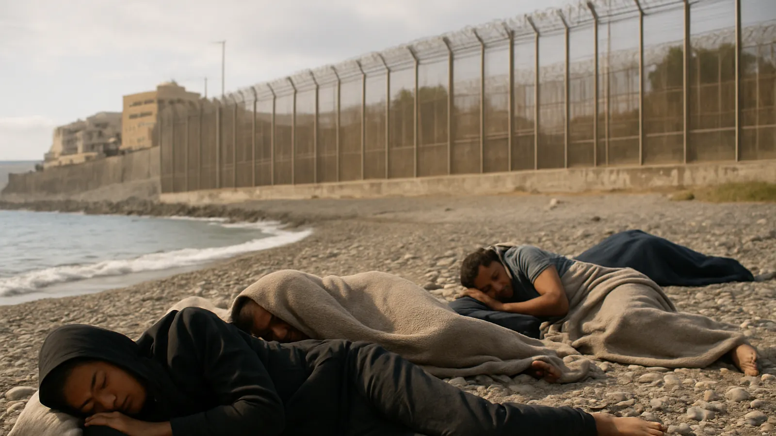 Menschen schlafen am Strand in Ceuta und warten auf Schutz.