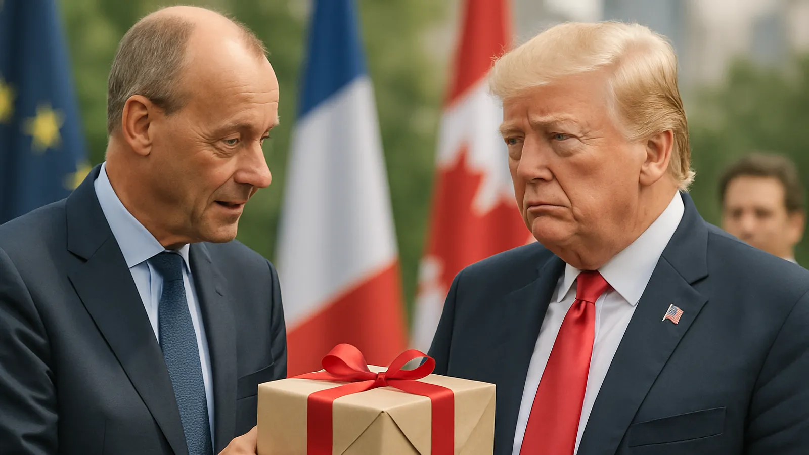 Merz überreicht Trump beim G7-Gipfel ein Geburtstagsgeschenk als Gestendiplomatie.
