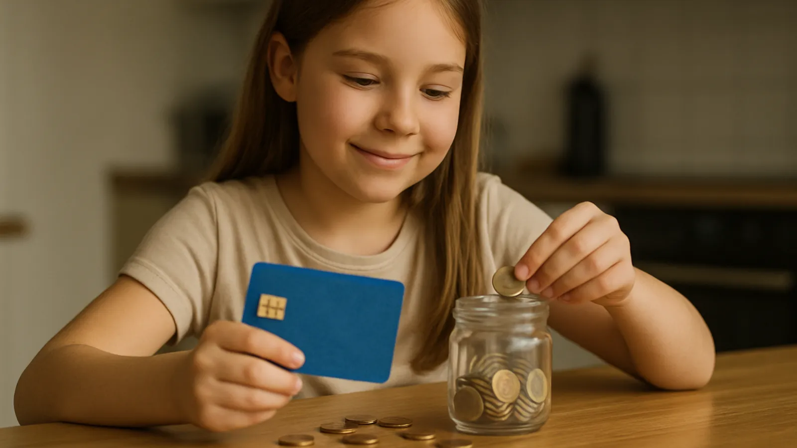 Neunjährige erhält Debitkarte für Taschengeld, um finanzielle Bildung zu fördern.