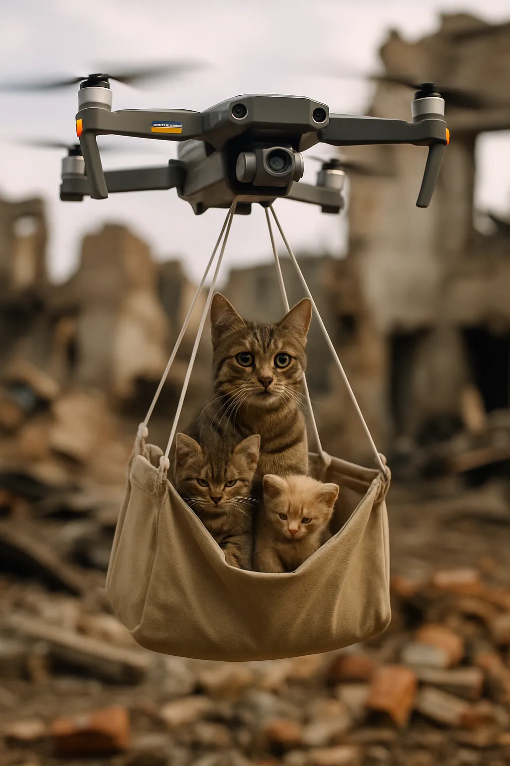 Ukrainische Drohne rettet Katze und Kätzchen aus Kriegsgebiet.