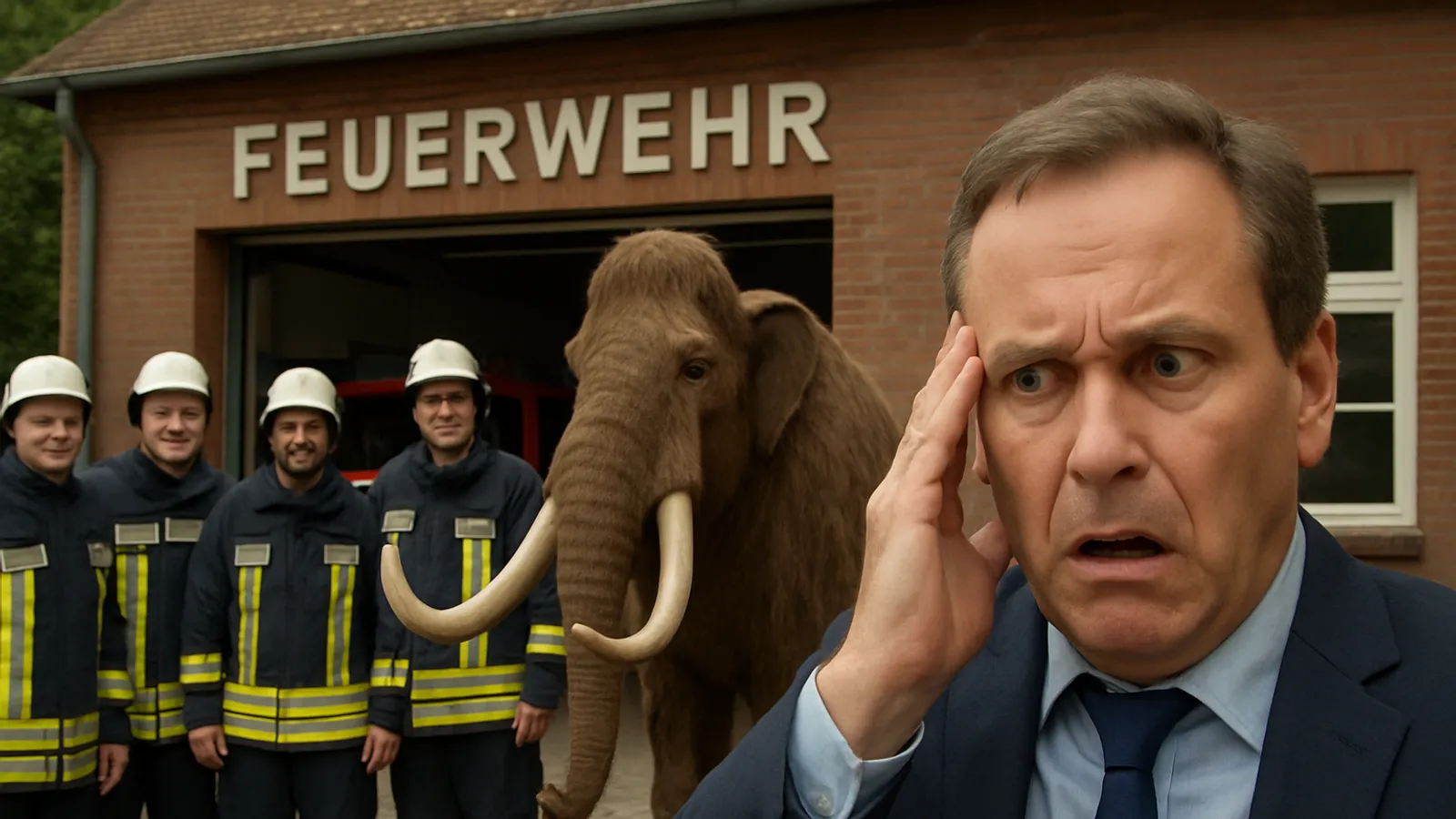 The volunteer fire department poses with Siegmund, the mayor is stunned.